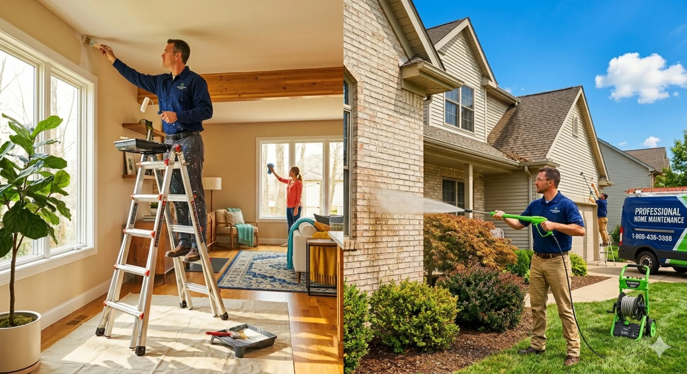 Property management team preparing a home inside and out before sale